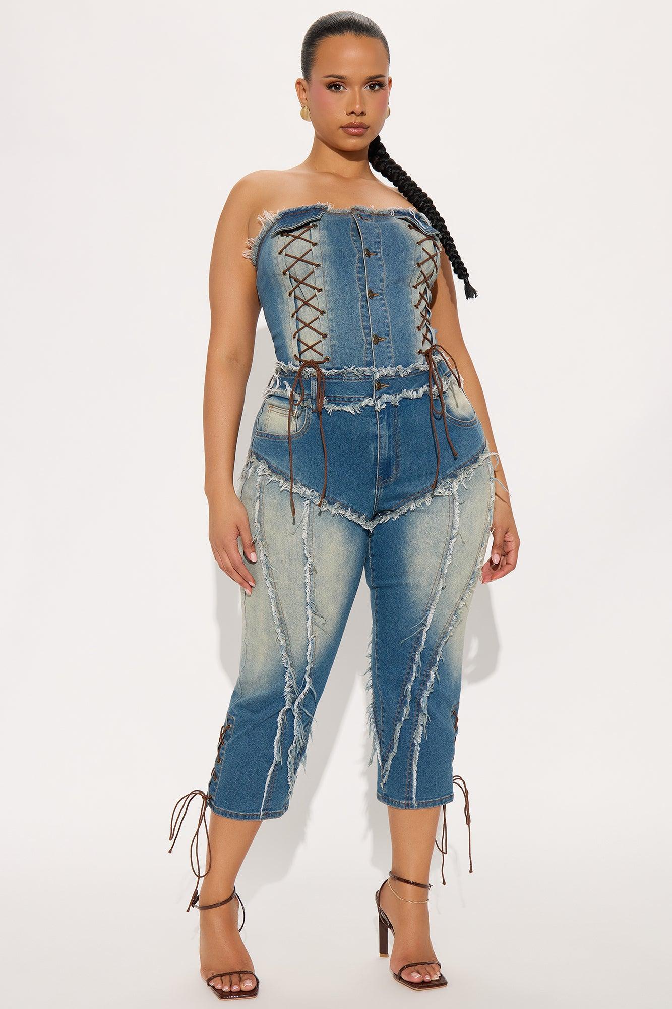 Stacked Up Washed Denim Capri Jumpsuit - Medium Wash Product Image