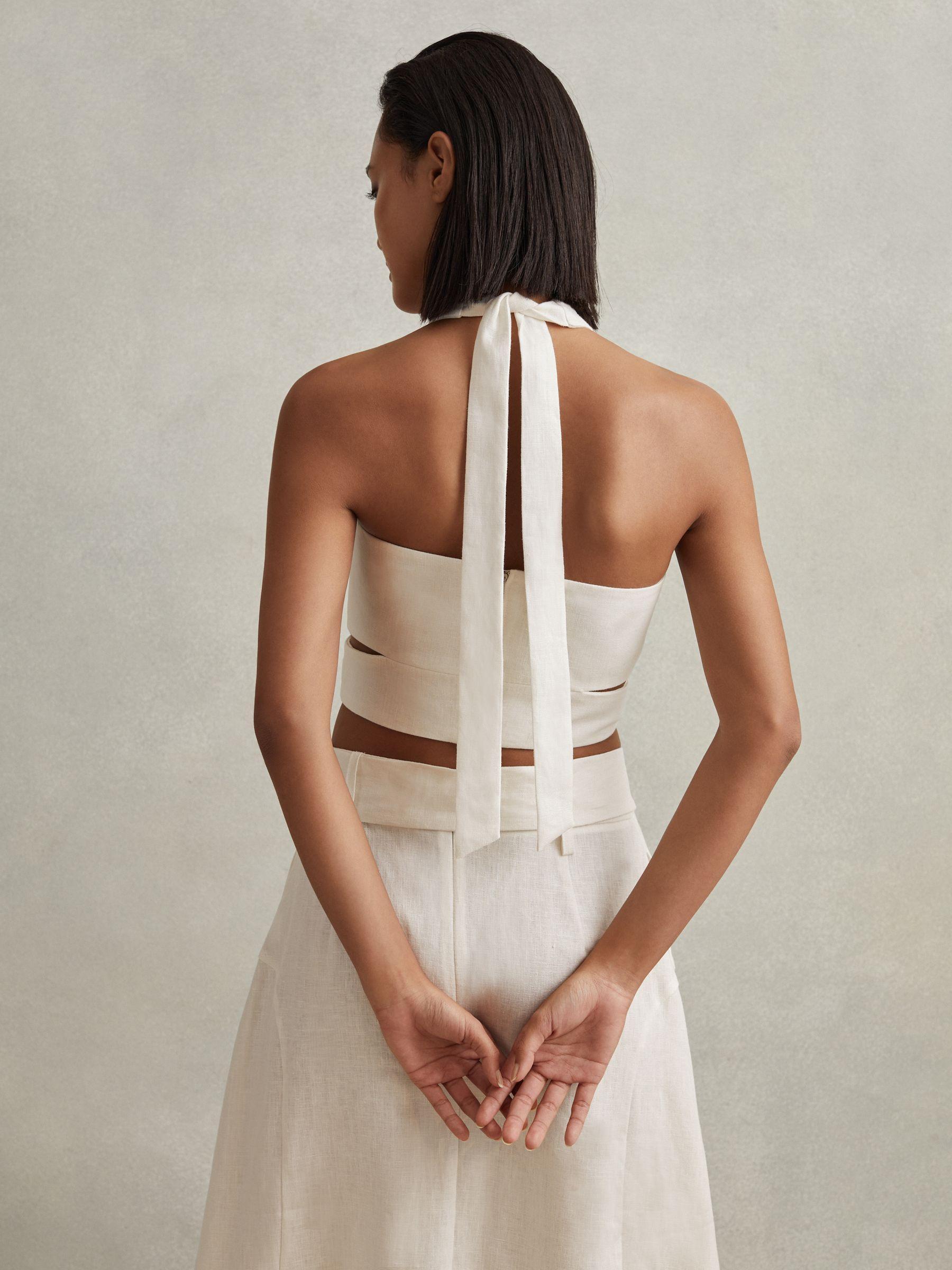 Linen Halter Neck Cropped Top in White Product Image