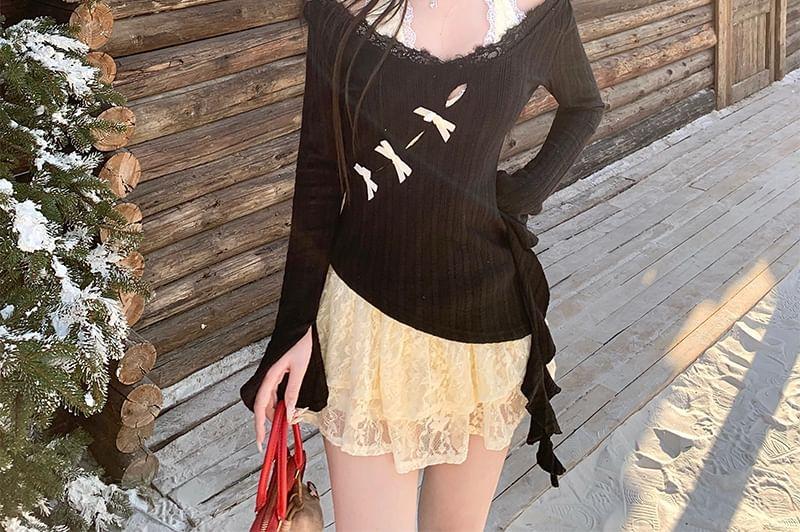 Halter V-Neck Layered Lace Mini A-Line Dress / Long-Sleeve Asymmetrical Bow Accent Cutout Knit Top Product Image