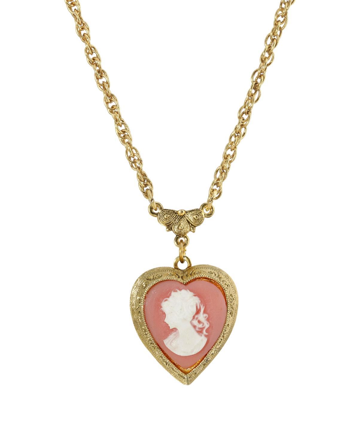 1928 Gold Tone Heart Cameo Locket Necklace, Womens, Pink Product Image