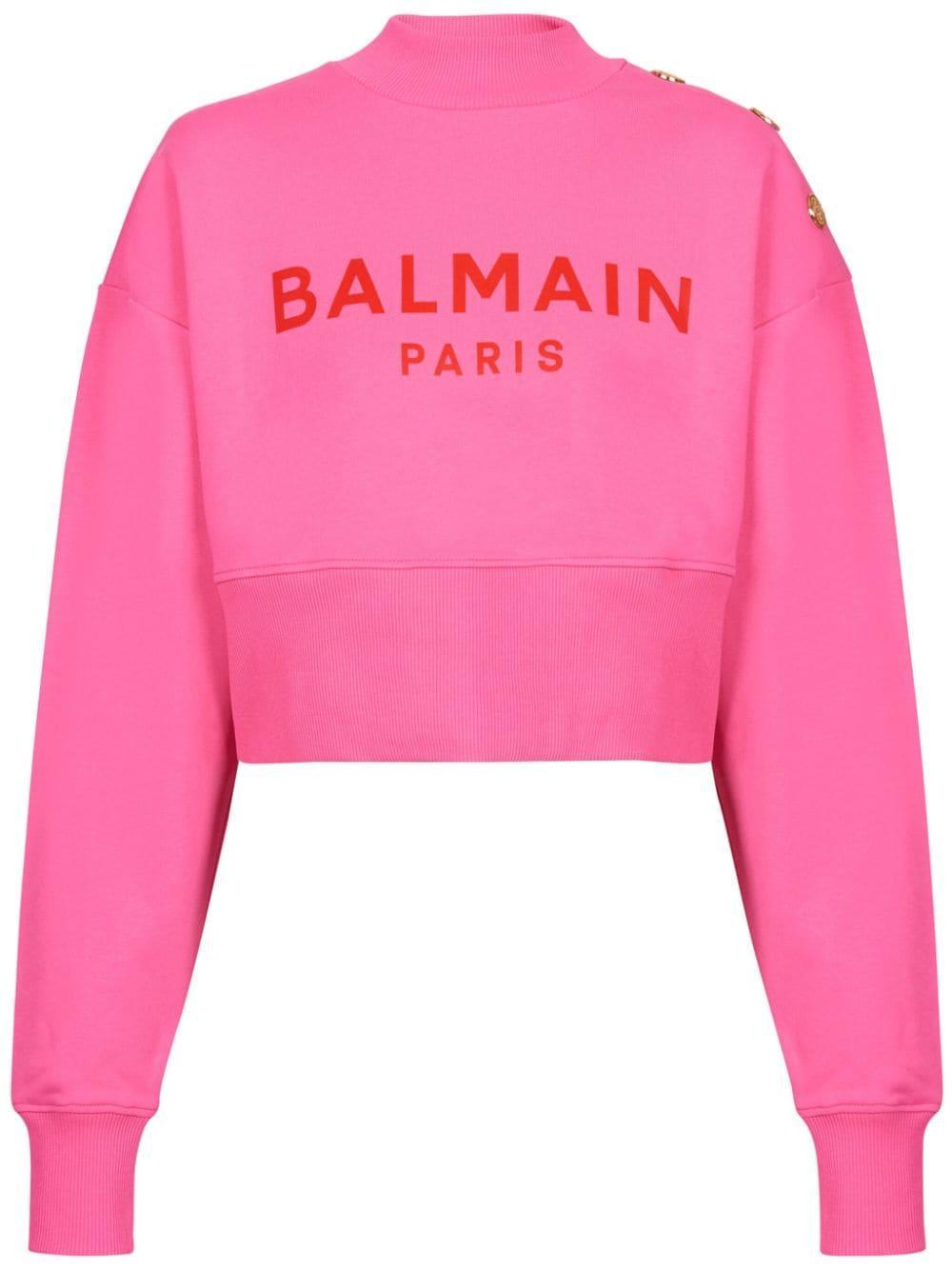 BALMAIN 3-button Logo-print Crop Sweatshirt In Fuchsia Rouge Product Image