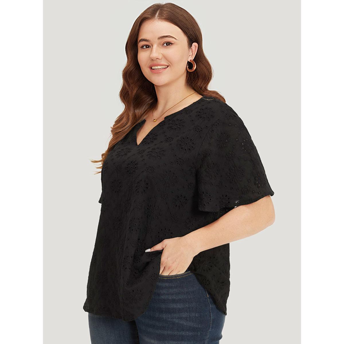 Plus Size Black Solid Broderie Anglaise Notched Ruffle Sleeve Blouse Women Vacation Short sleeve Notched collar Dailywear Blouses BloomChic 14-16/1X Product Image
