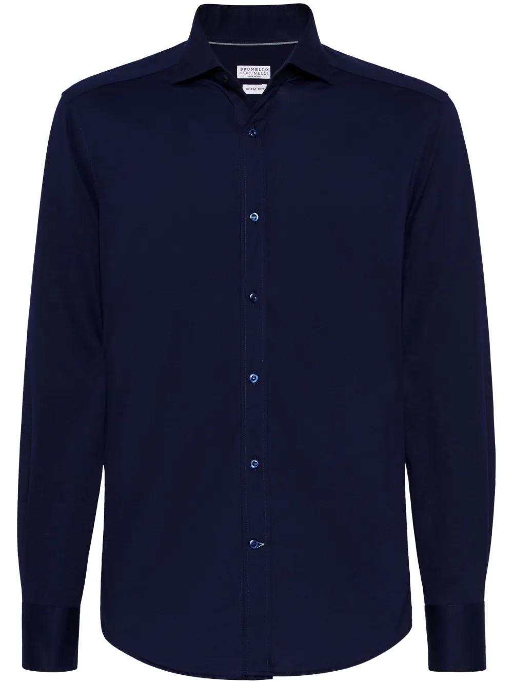 BRUNELLO CUCINELLI Men's Cotton Pique Slim Fit Shirt With Spread Collar In Navy Blue Product Image