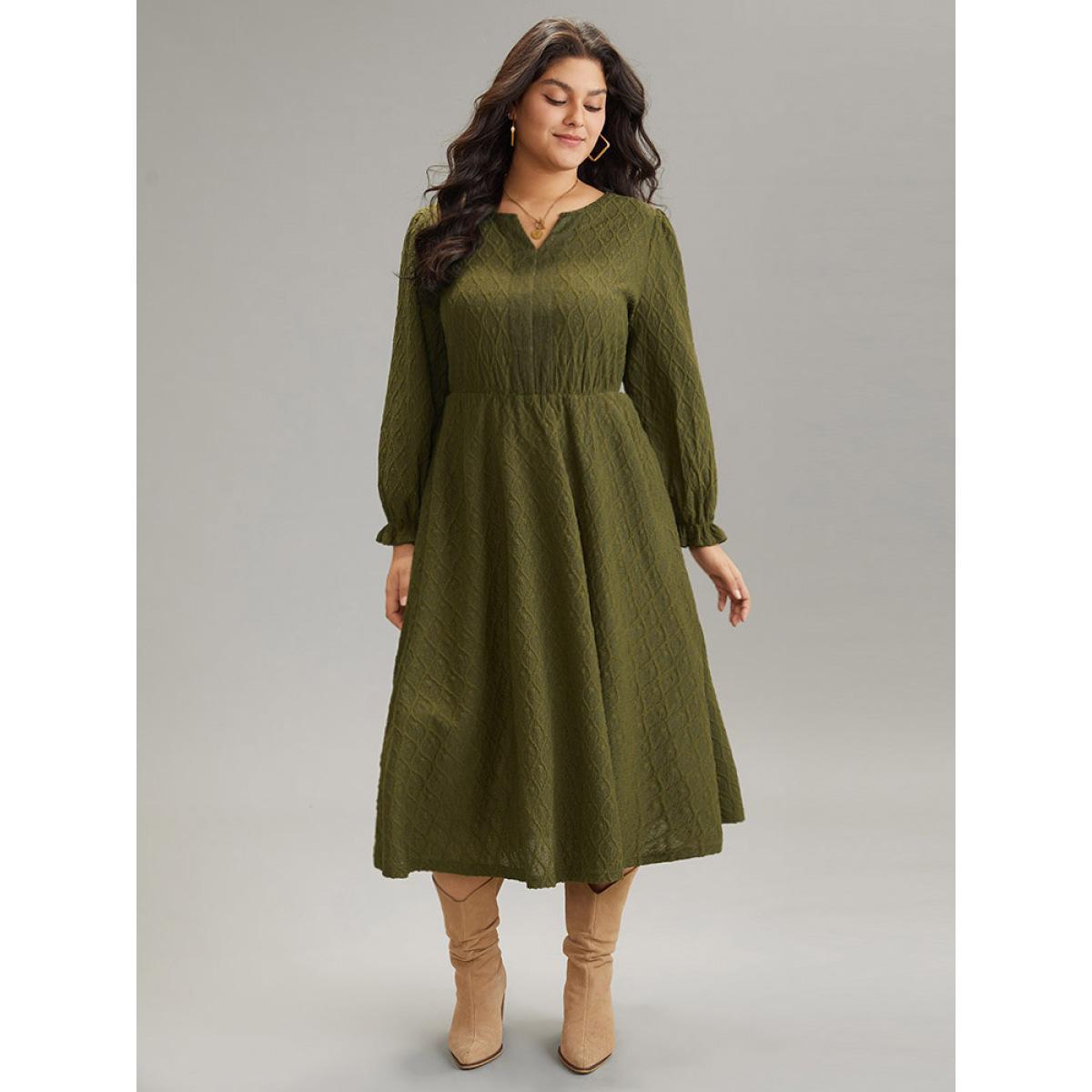 Plus Size Textured Jacquard Notched Ruffle Sleeve Dress ArmyGreen Women At the Office Texture Notched collar Long Sleeve Curvy Midi Dress BloomChic 14-16/1X Product Image