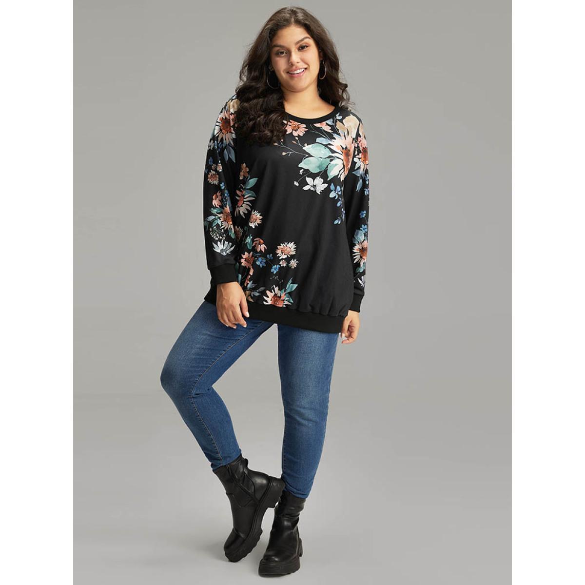 Plus Size Floral Print Round Neck Sweatshirt Women Black Casual Elastic cuffs Round Neck Dailywear Sweatshirts BloomChic 14-16/1X Product Image