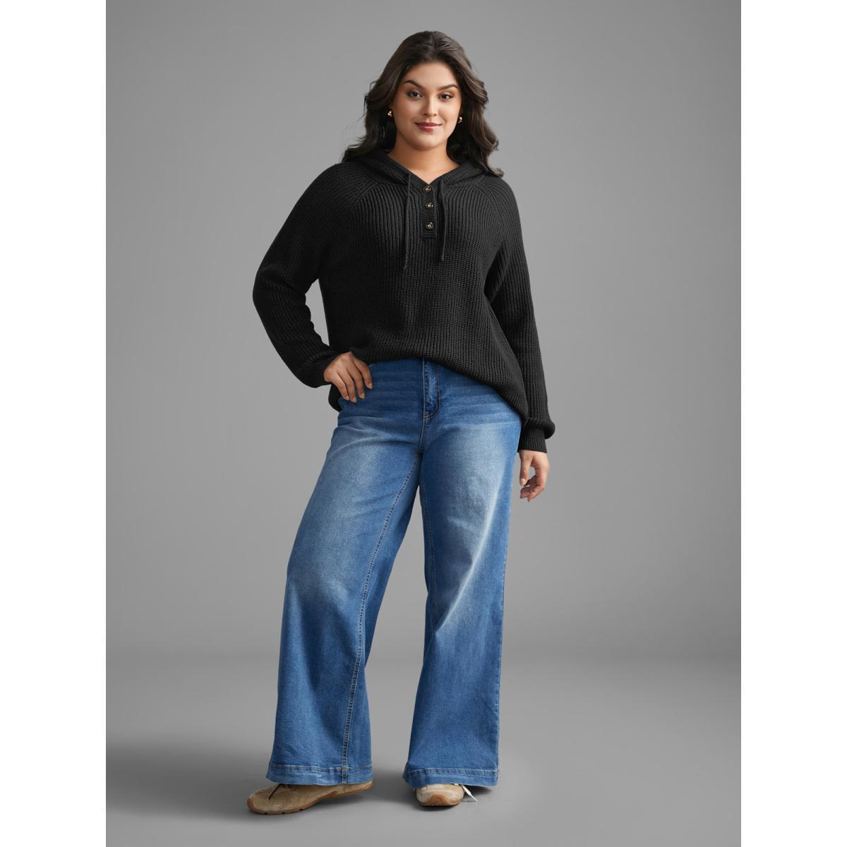 Plus Size Plain Button Up Hooded Pullover Black Women Casual Loose Long Sleeve Hooded Everyday Pullovers BloomChic 26/4X Product Image