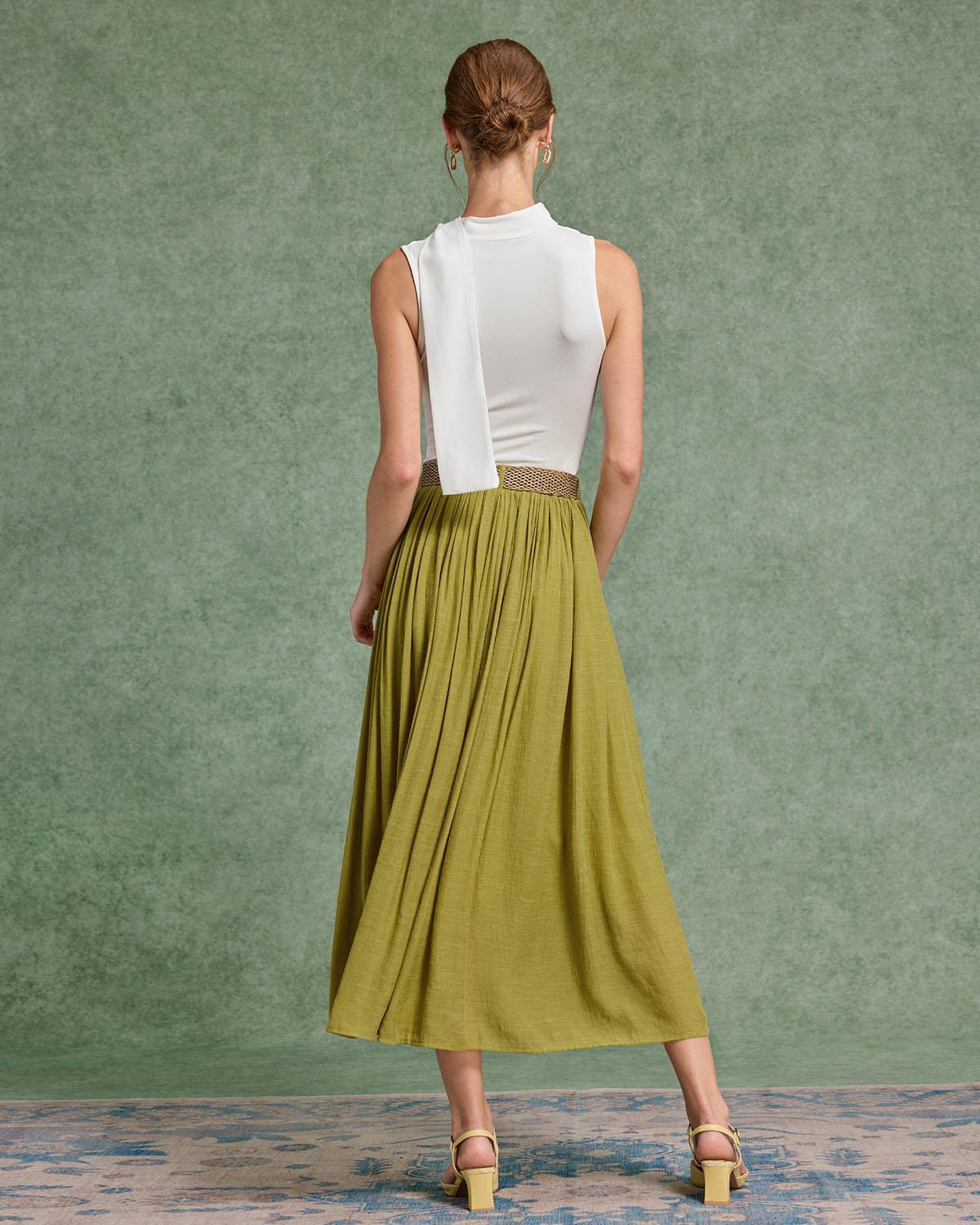 Green Belt Flowy Midi Skirt Product Image