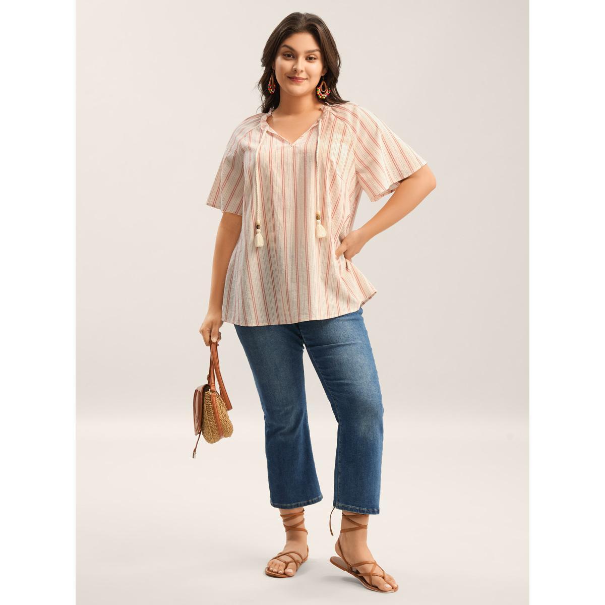 Plus Size Salmon Cotton Stripes Print Neck Tassels Flowy Blouse Women Short sleeve Notched collar Vacation Blouses BloomChic 22-24/3X Product Image