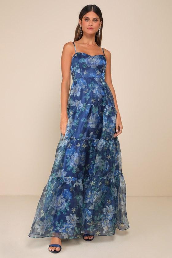 Exclusive Glamour Blue Floral Organza Tiered Maxi Dress Product Image