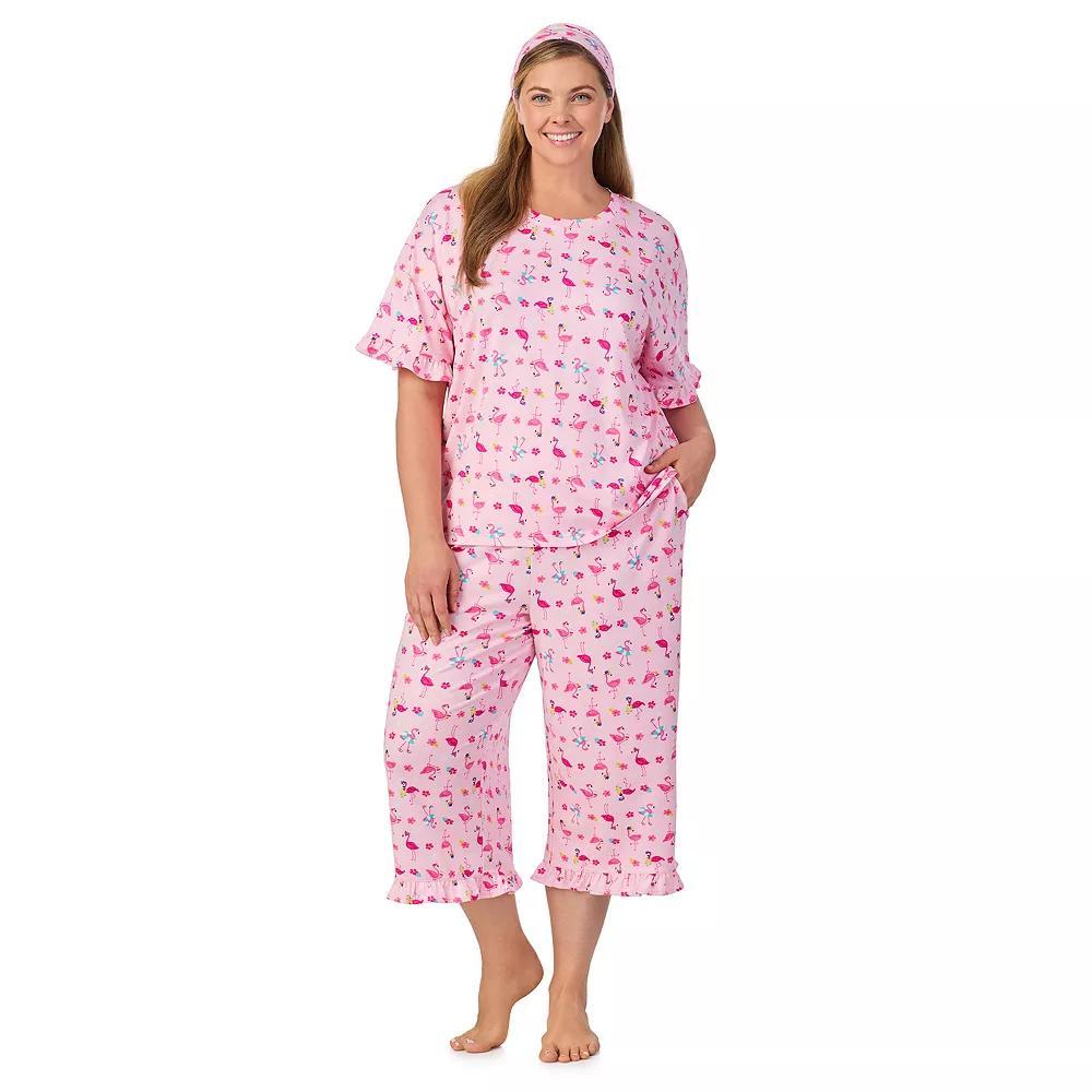 Plus Size Cuddl Duds® 3-Piece Short Sleeve Pajama Top, Cropped Pajama Pants & Headband Set, Women's, Size: 2XL, Pink Pink Product Image