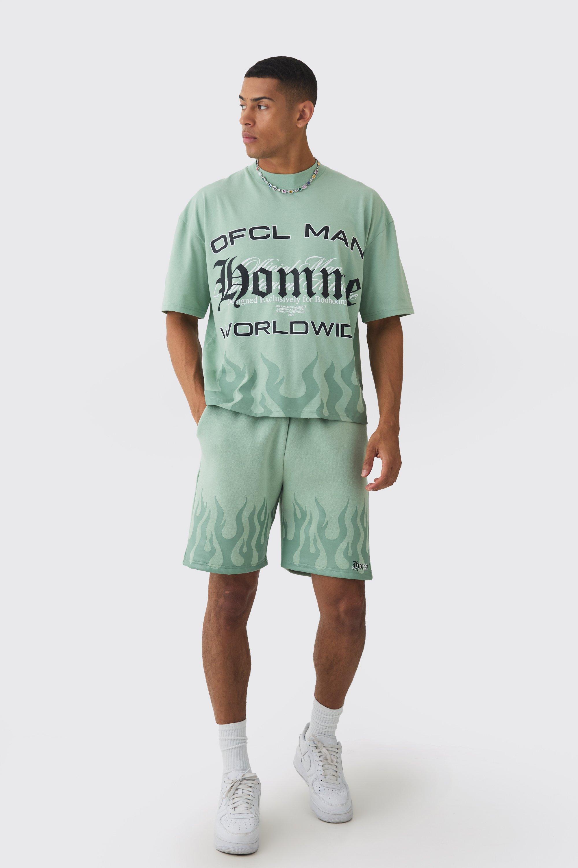 Oversized Boxy Flame Graphic T-shirt And Short Set | boohooMAN USA Product Image