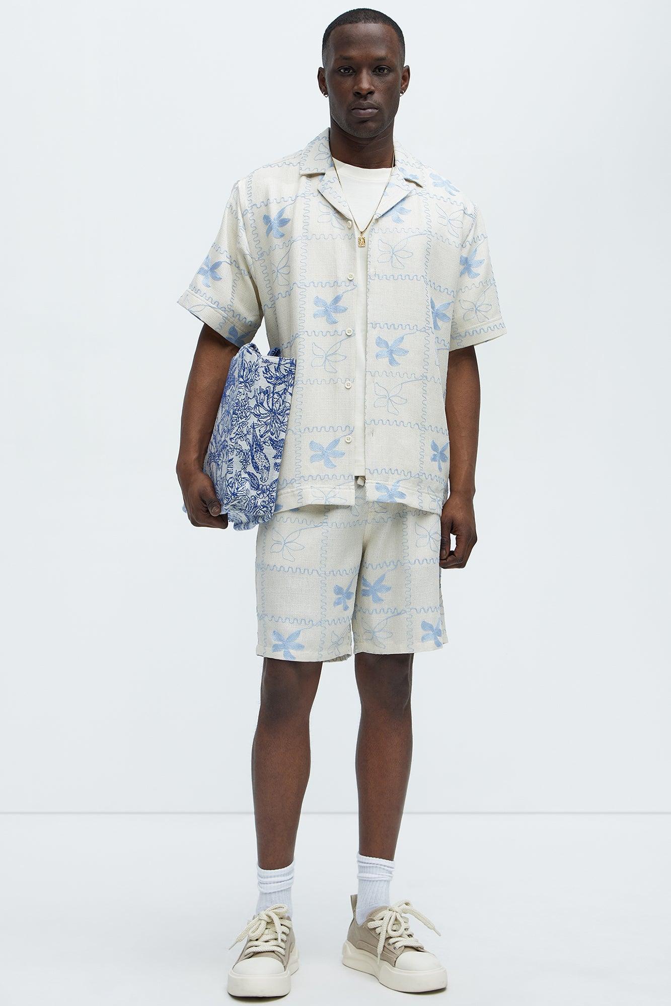 Embroidered Flowers Cuban Collar Button Up Shirt - Off White/combo Product Image