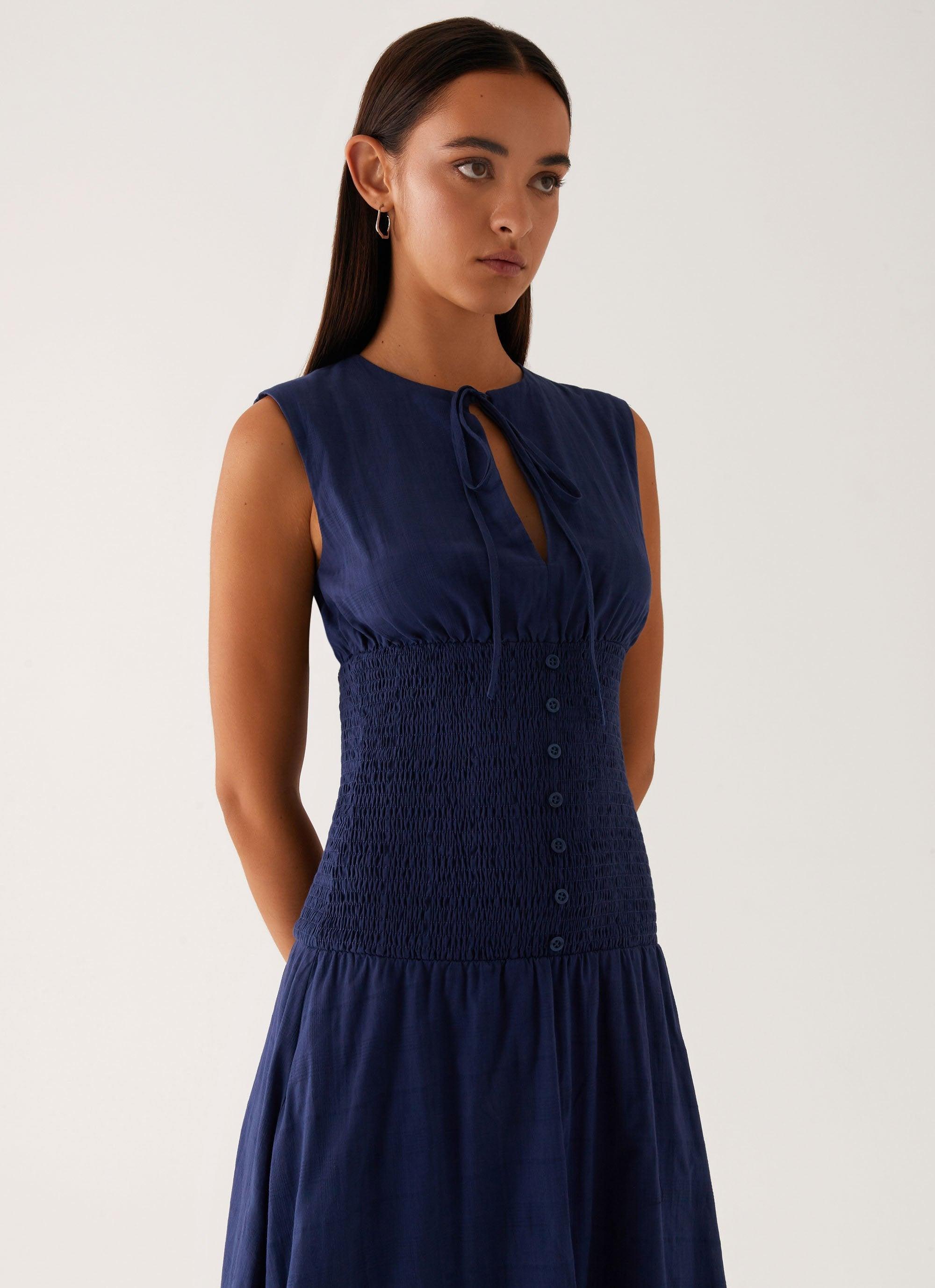 Belle Shirred Waist Midi Dress - Navy Product Image