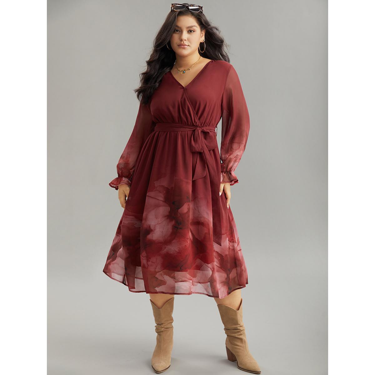 Plus Size Floral Mesh V Neck Belted Dress Scarlet Women Vacation Wrap Overlap Collar Long Sleeve Curvy Midi Dress BloomChic 30/6X Product Image