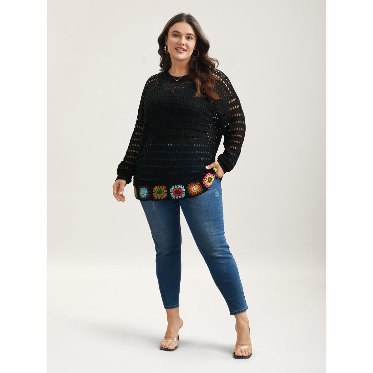 Plus Size Hand Crochet Floral Cut-Out Pullover Black Women Casual Long Sleeve Round Neck Everyday Pullovers BloomChic 18-20/2X Product Image