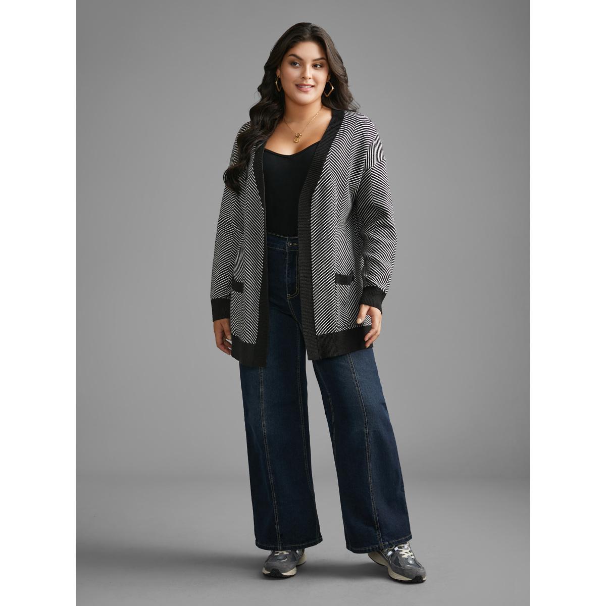 Plus Size Supersoft Essentials Striped Patch Pocket Cardigan Black Women Casual Loose Long Sleeve Everyday Cardigans BloomChic 30/6X Product Image