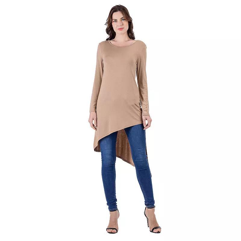 Womens 24Seven Comfort Apparel Long Sleeve Knee Length Asymmetrical Tunic Top Brown Product Image