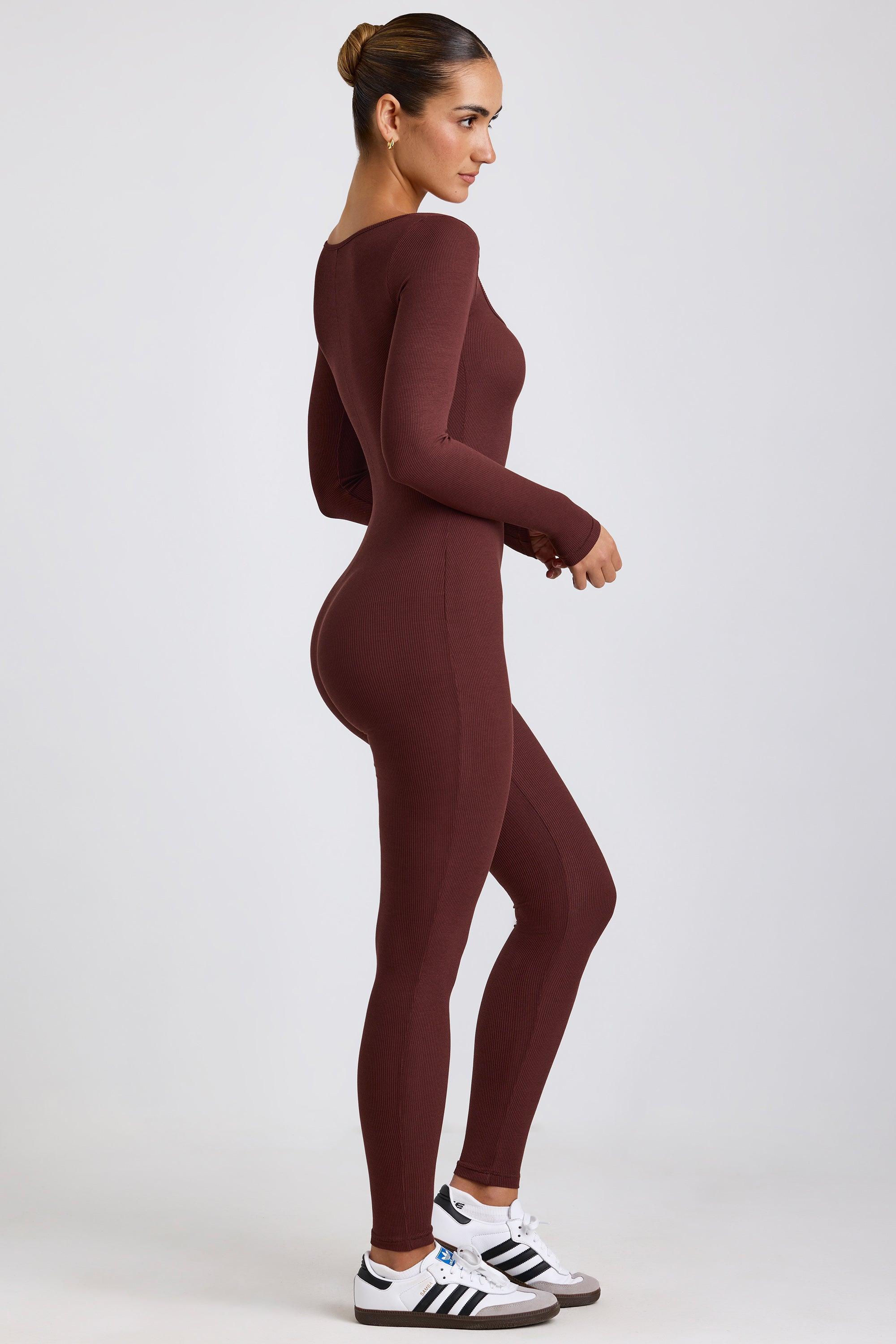 Petite Ribbed Modal Long Sleeve Jumpsuit in Espresso Product Image