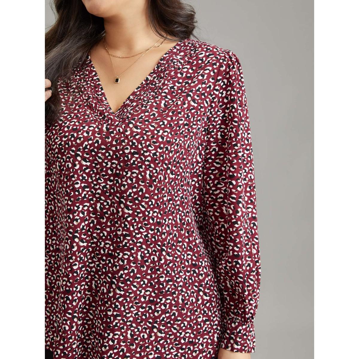 Plus Size Burgundy Allover Print V Neck Pleated Blouse Women Office Long Sleeve V-neck Office Blouses BloomChic 12/L Product Image