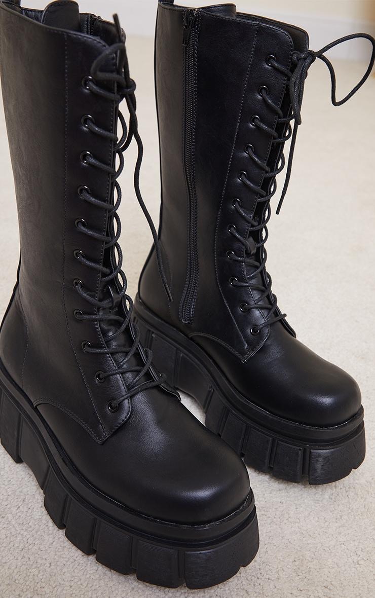 Black Extreme Flatform Sole Calf High Biker Boots Product Image