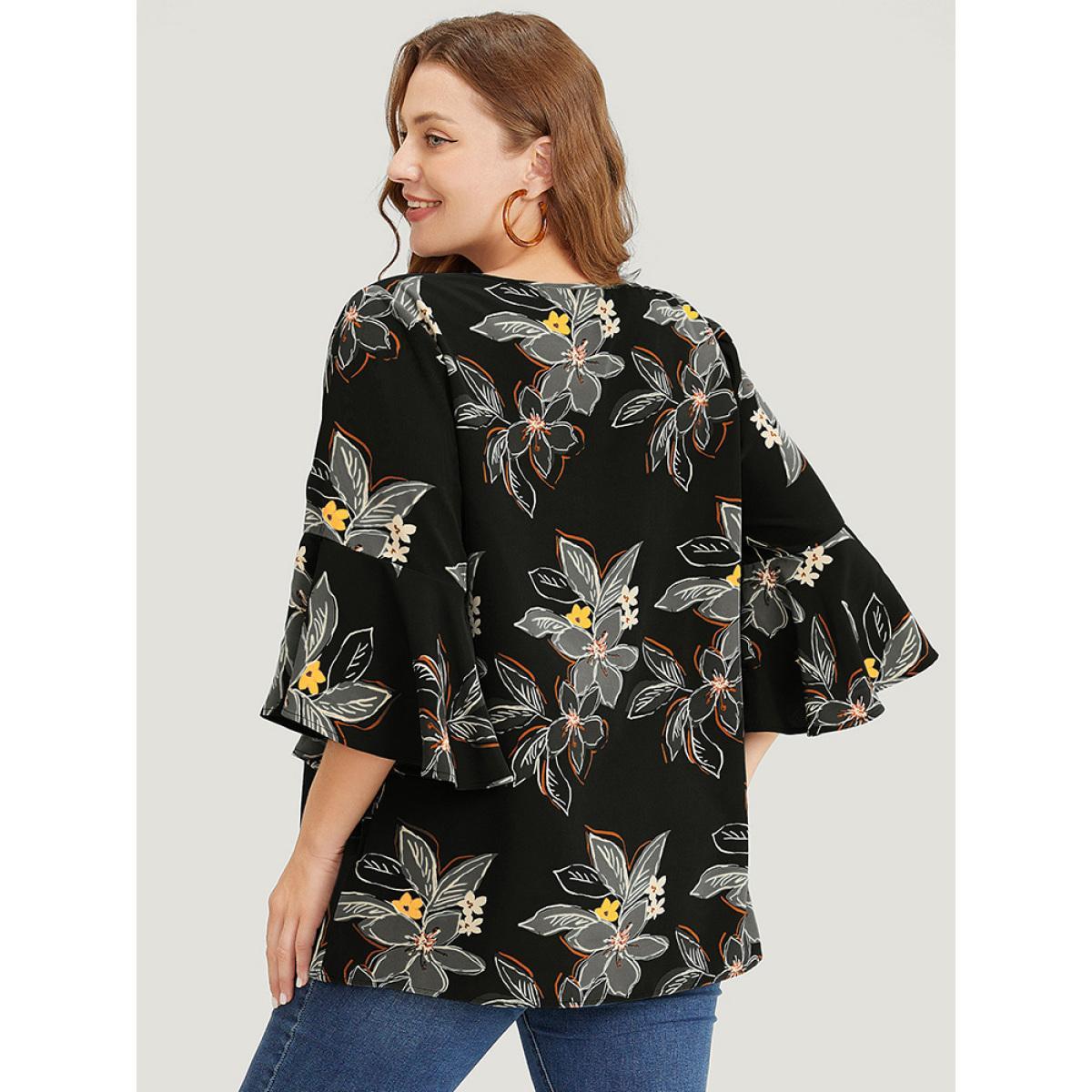 Plus Size Black Floral Print Keyhole Neck Split Bell Sleeve Blouse Women Elegant Elbow-length sleeve Round Neck Dailywear Blouses BloomChic 22-24/3X Product Image