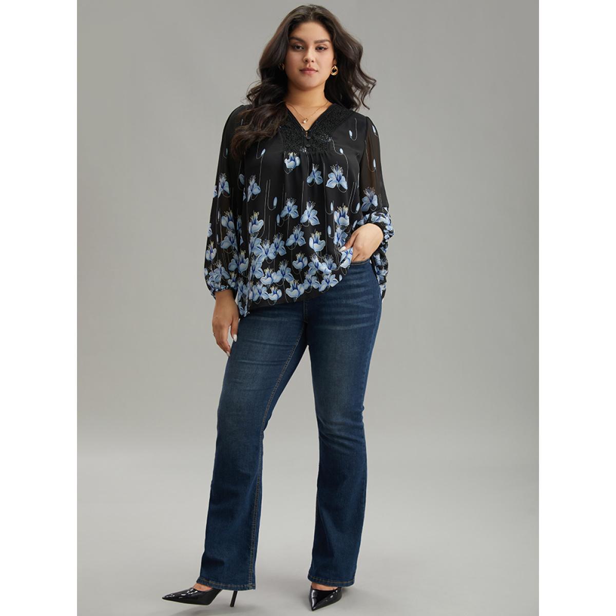 Plus Size BlackFlower Boho Print Lace Patchwork Mesh Button Up Blouse Women Elegant Long Sleeve V-neck Dailywear Blouses BloomChic 10/M Product Image
