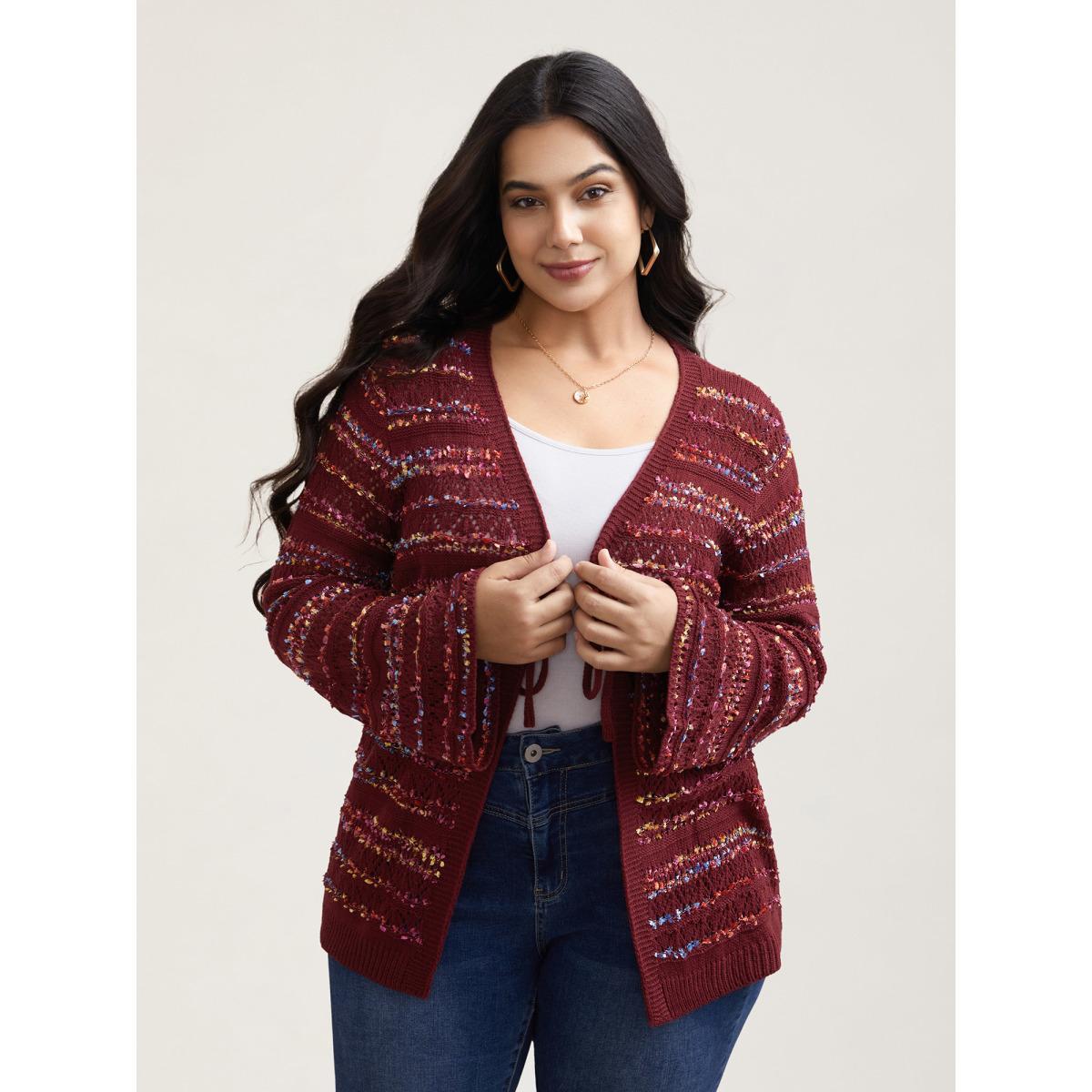 Plus Size Striped Front-Tie Cut-Out Cardigan Deepred Women Casual Loose Long Sleeve Everyday Cardigans BloomChic 28/5X Product Image