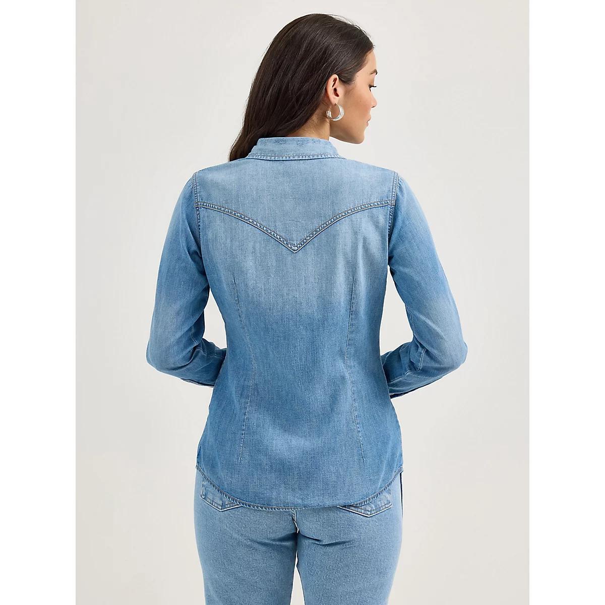 Women's Wrangler Denim Cowboy Snap Shirt in Blue Denim Product Image