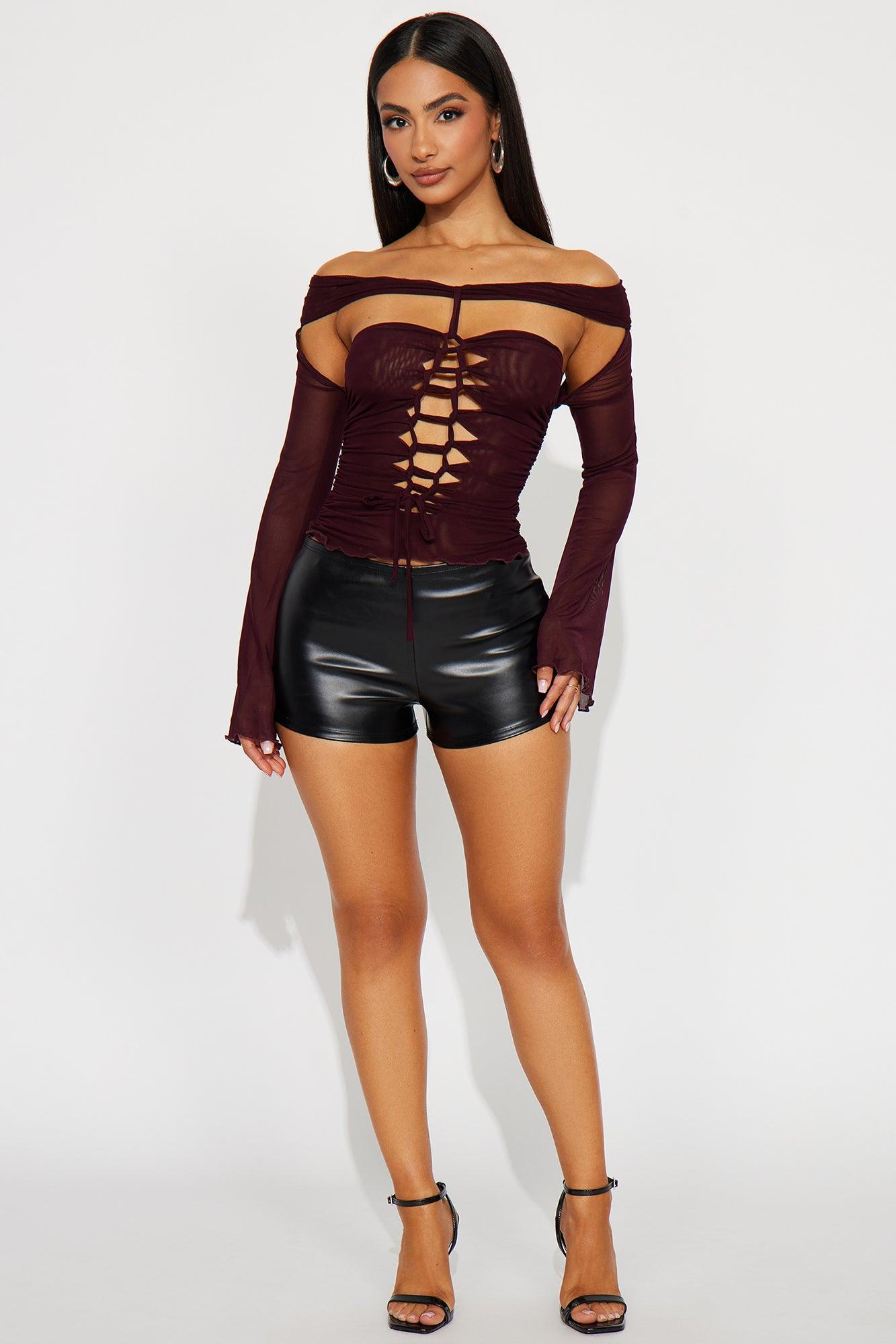 Out Of Town Mesh Off Shoulder Top - Plum Female Product Image