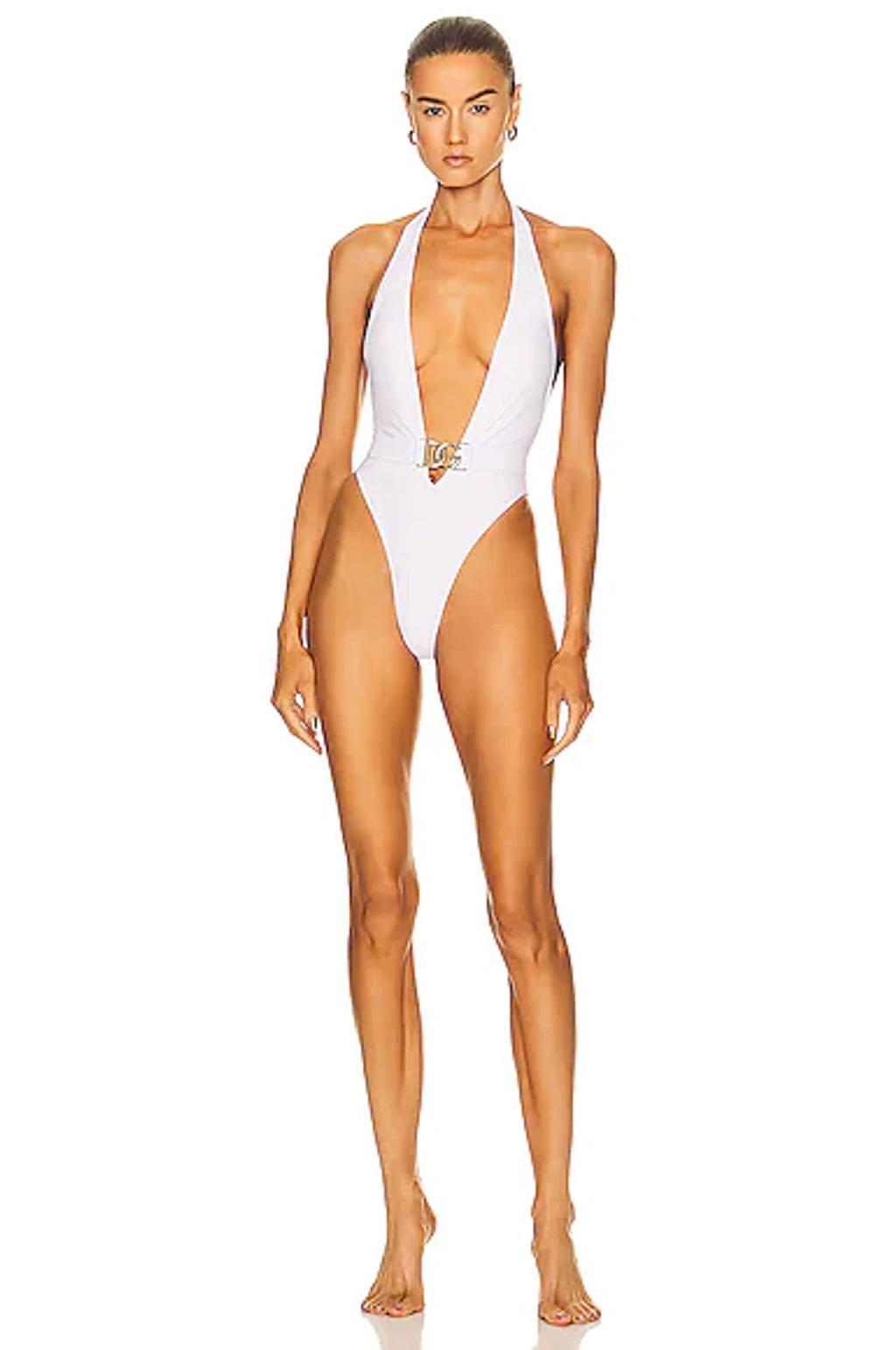 DOLCE & GABBANA White Plunging One-piece Swimsuit In W0800 Bianco Ottico Product Image