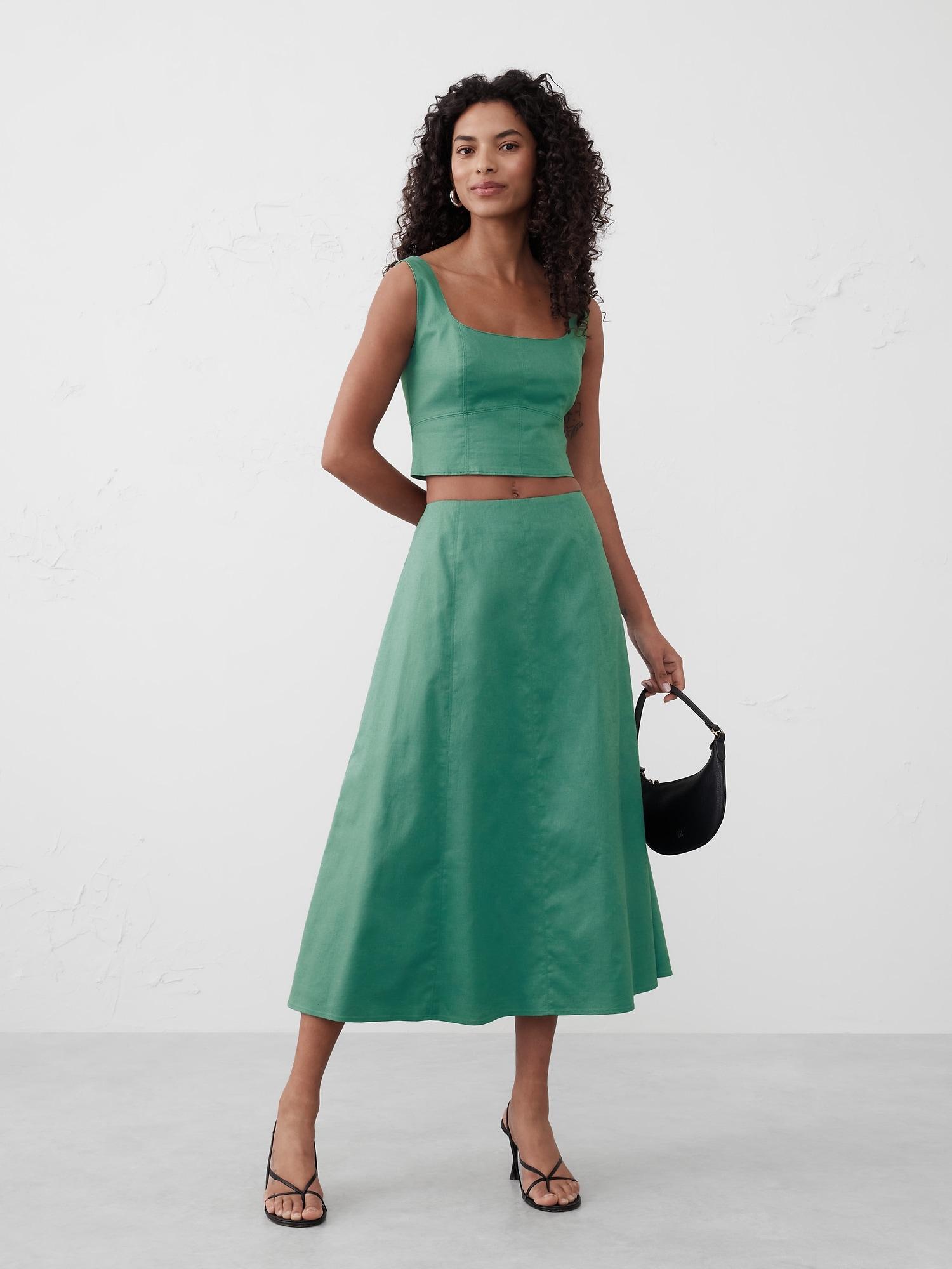 Linen-Blend Seamed Midi Skirt Product Image
