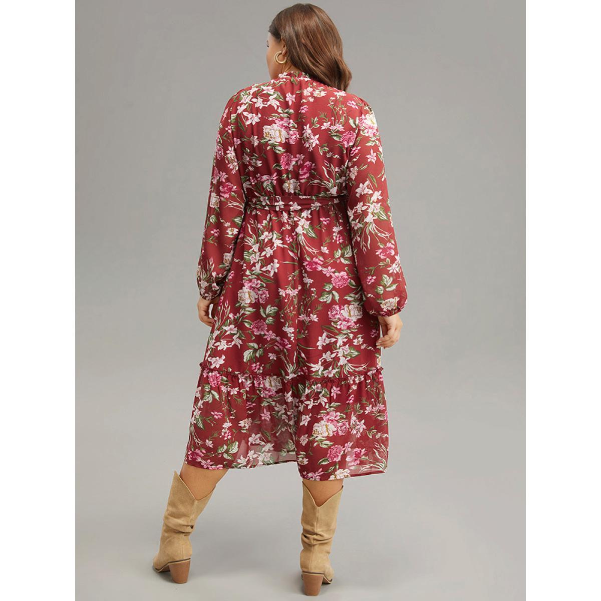 Plus Size Floral Print Belted Patchwork Gathered Dress Scarlet Women Elegant Elastic cuffs Round Neck Long Sleeve Curvy Midi Dress BloomChic 28/5X Product Image