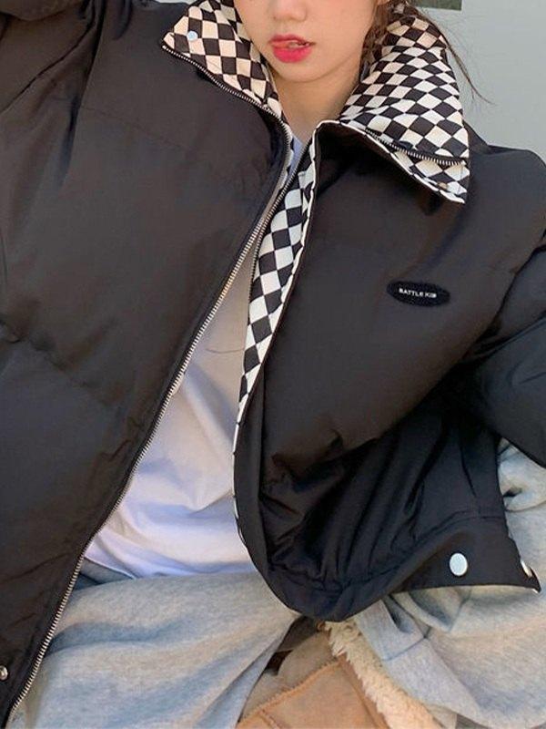 Checkered Collar Zip Up Padded Jacket Product Image