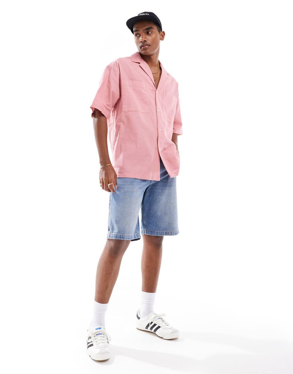 ASOS DESIGN 90s oversized linen blend shirt with deep camp collar in pink Product Image