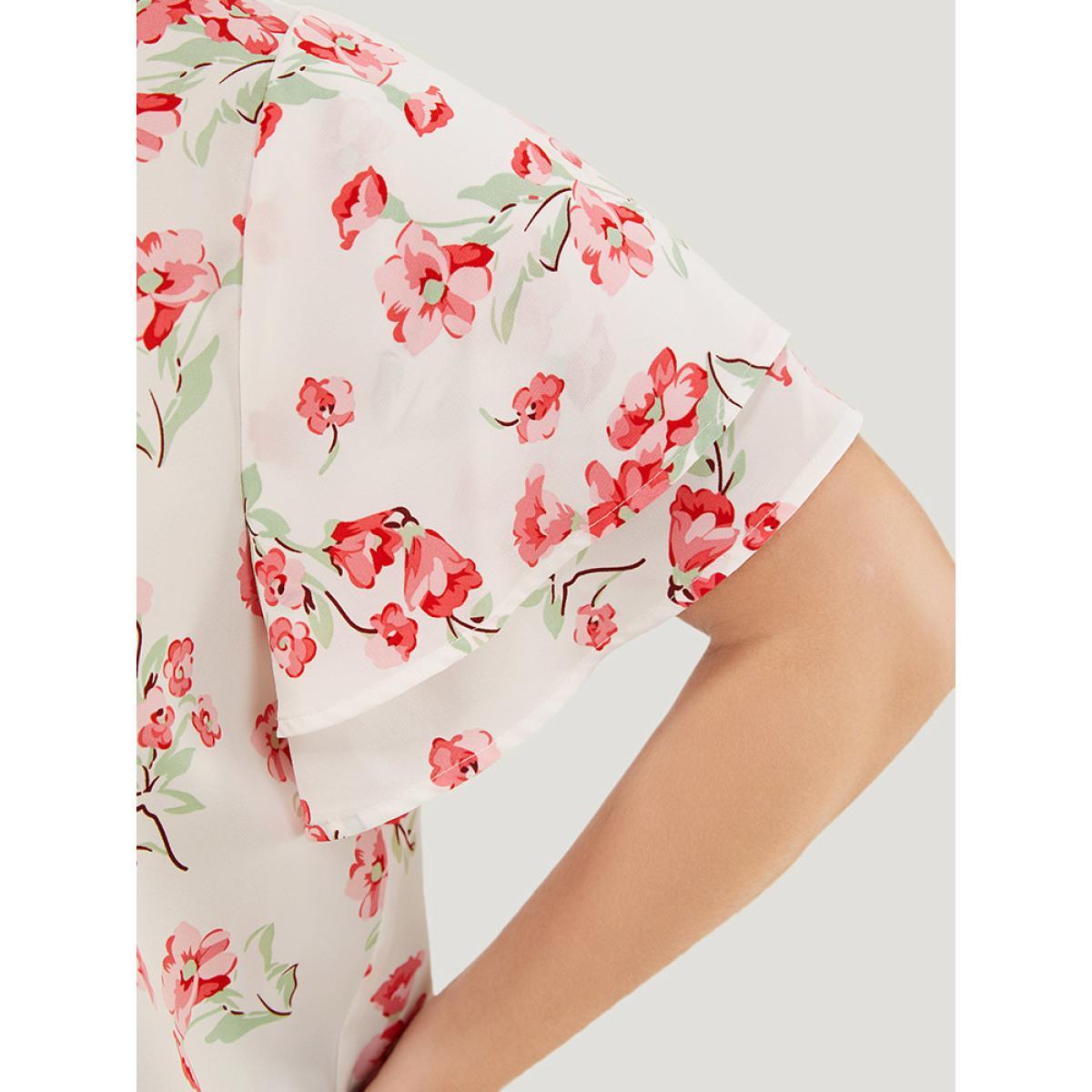 Plus Size White Floral Printed Button Up Flutter Layered Sleeve Blouse Women Elegant Short sleeve Notched collar Dailywear Blouses BloomChic 14-16/1X Product Image