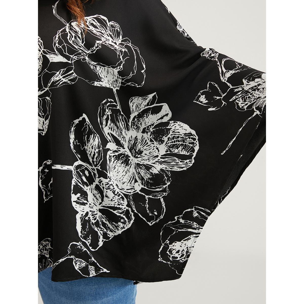 Plus Size Black Floral Print V Neck Dolman Sleeve Blouse Women Elegant Long Sleeve V-neck Dailywear Blouses BloomChic 26/4X Product Image