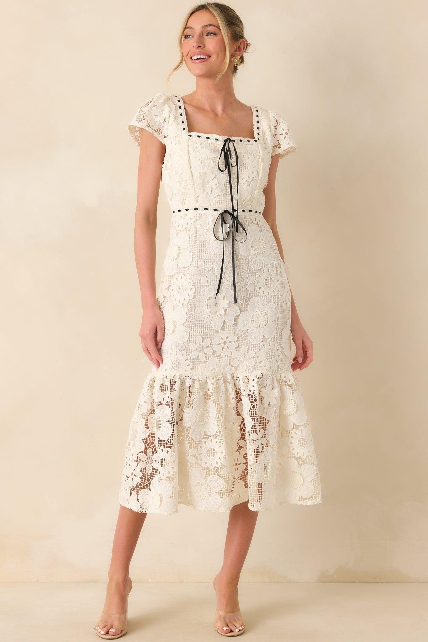 Made You Look Ivory Floral Embroidered Midi Dress Product Image
