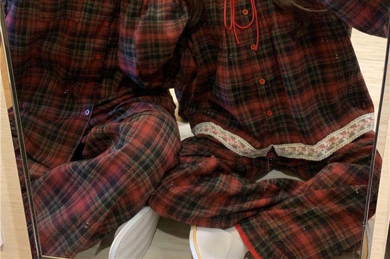 Couple Matching Long-Sleeve Plaid Pajama Shirt / Pants / Lace Trim Bow Shirt / Set Product Image