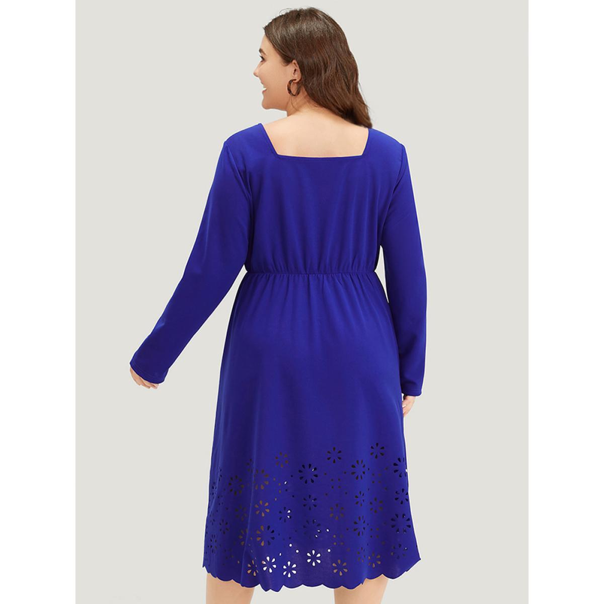 Plus Size Plain Laser Cut Gathered Square Neck Dress DarkBlue Women Elegant Plain Square Neck Long Sleeve Curvy Midi Dress BloomChic 22-24/3X Product Image