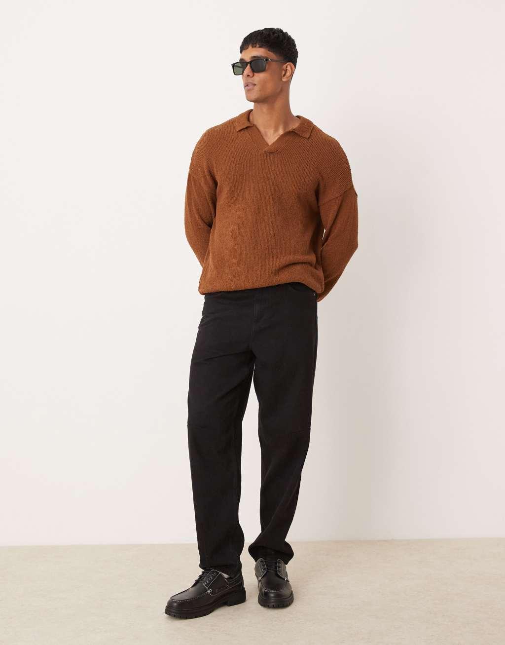 ASOS DESIGN relaxed knitted notch neck texture sweater in tan Product Image