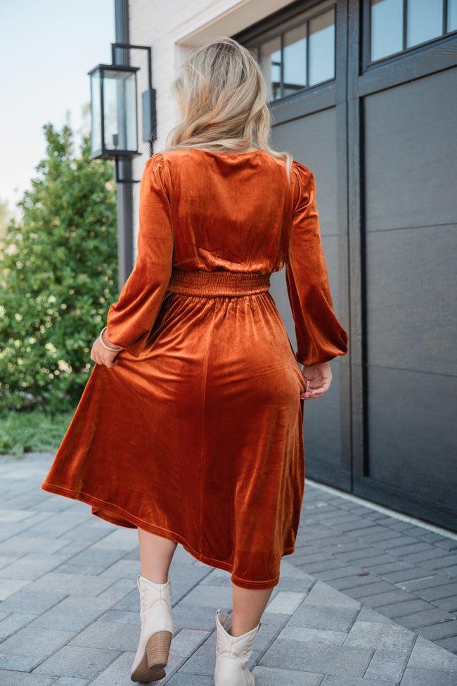 Love Made Me Rust Velvet Surplice Midi Dress Product Image