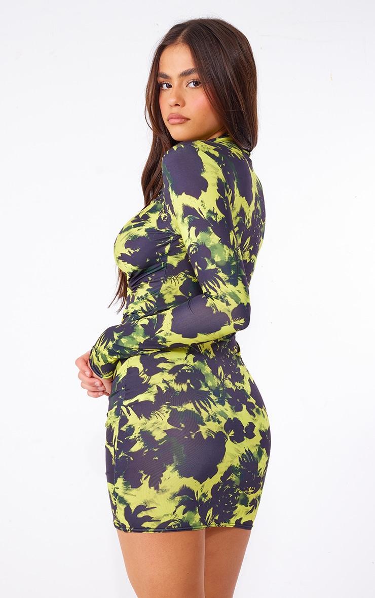 Multi Printed Slinky High Neck Ruched Long Sleeve Bodycon Dress Product Image