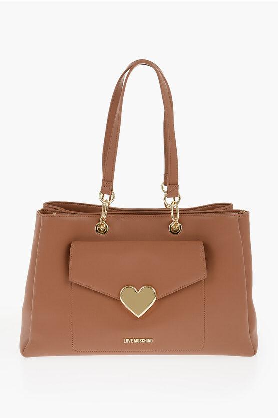 MOSCHINO Love Faux Leather Tote Bag With Golden Logo In Brown Product Image