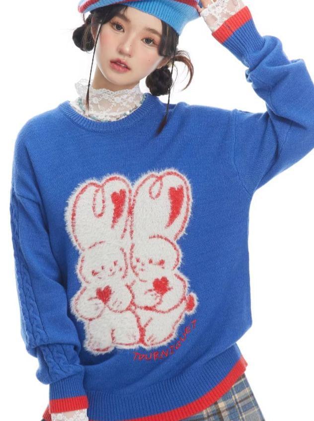 Long Sleeve Rabbit Print Loose-Fit Sweater Product Image