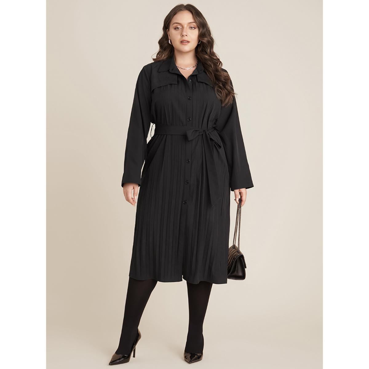 Plus Size Solid Belted Pleated Shirt Collar Dress Black Women Office Belted Shirt collar Long Sleeve Curvy Midi Dress BloomChic 18-20/2X Product Image