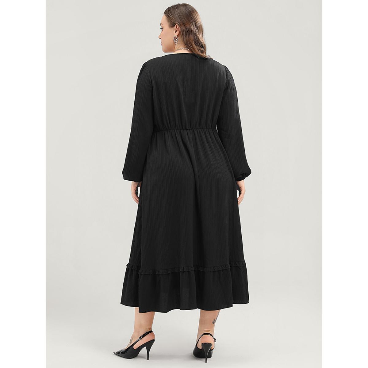 Plus Size Solid Lantern Sleeve Pocket Textured Ties Up Flutter Dress Black Women Office V-neck Long Sleeve Curvy Midi Dress BloomChic 26/4X Product Image