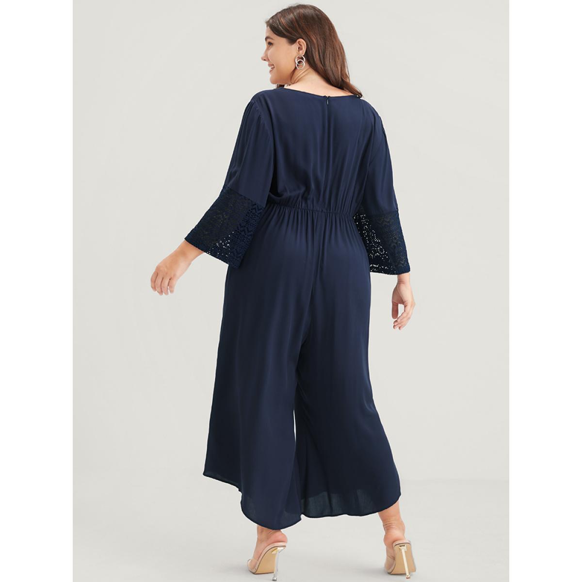 Plus Size Navy Solid Bell Sleeve Pocket Tie Contrast Lace Wrap Jumpsuit Women Elegant Elbow-length sleeve V-neck Dailywear Loose Jumpsuits BloomChic 10/M Product Image