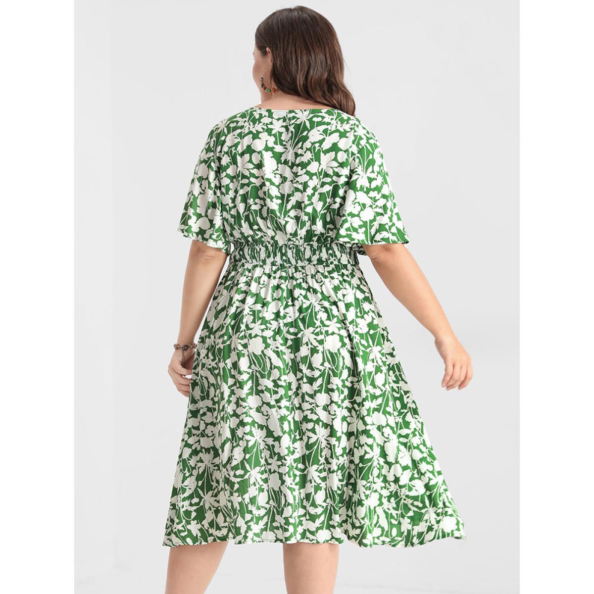 Plus Size Ditsy Floral Shirred Button Ruffles Knee Dress LightGreen Women Elegant Printed V-neck Short sleeve Curvy Knee Dress BloomChic 10/M Product Image