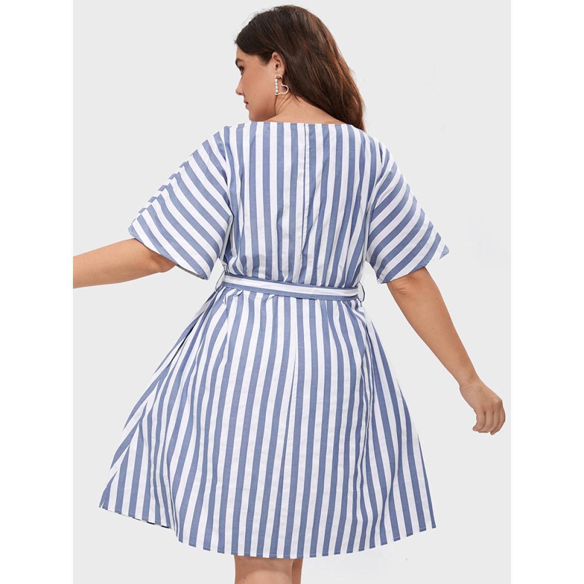 Plus Size Striped V Neck Button Belted Knee Dress Blue Women Office Gathered V-neck Short sleeve Curvy BloomChic 28/5X Product Image