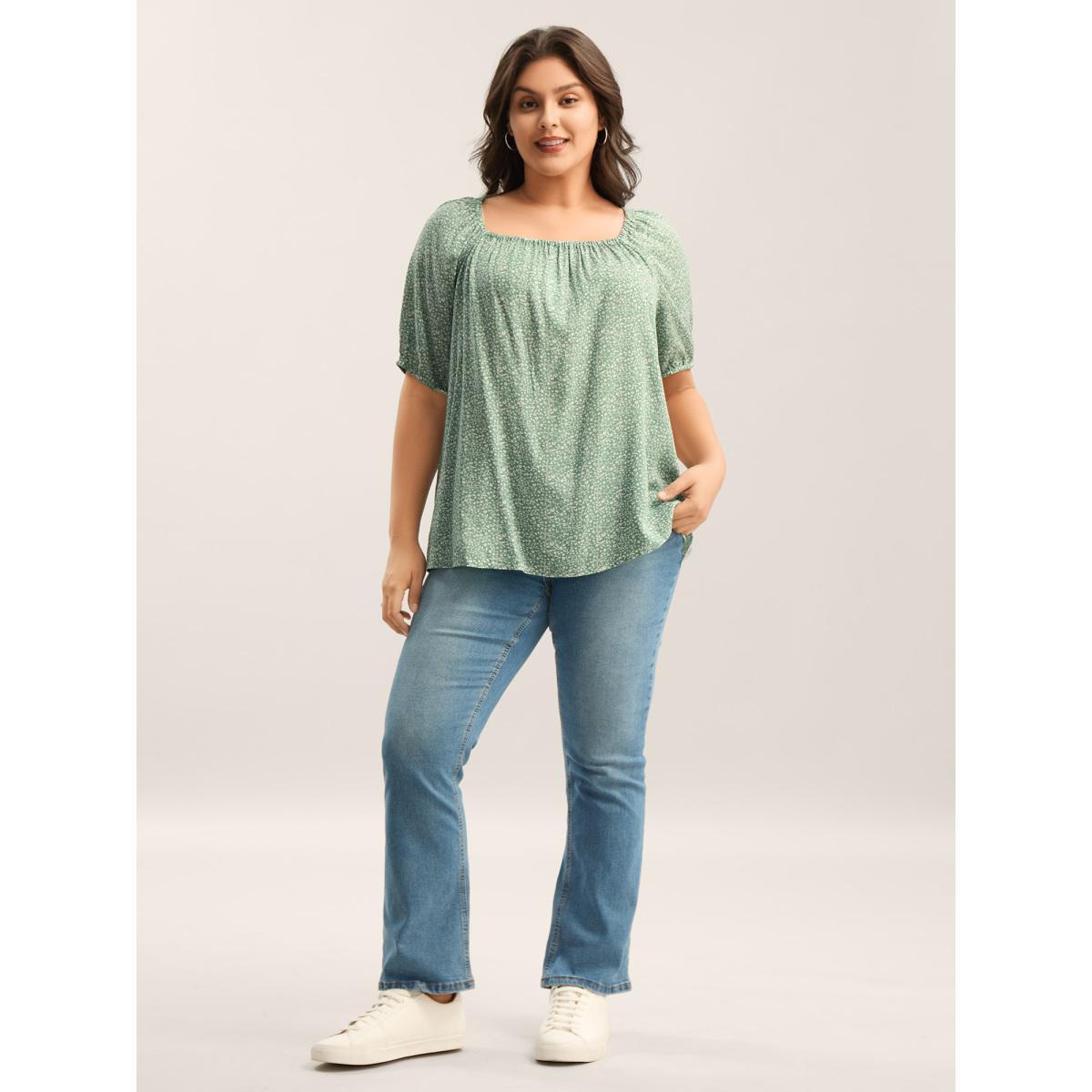 Plus Size Greenbean Floral Print Square Neck Relaxed Blouse Women Half Sleeve Square Neck Everyday-Casual Blouses BloomChic 30/6X Product Image